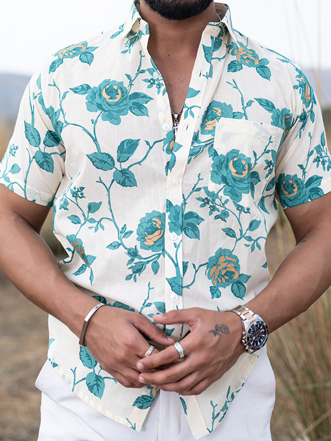 Teal Blue Floral Half Sleeves Printed Shirt