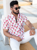 Red Floral Block Printed Half Sleeves Cotton Shirt