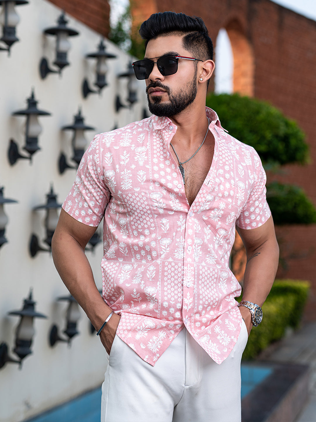 Pink Bandana Floral Printed Half Sleeves Cotton Shirt