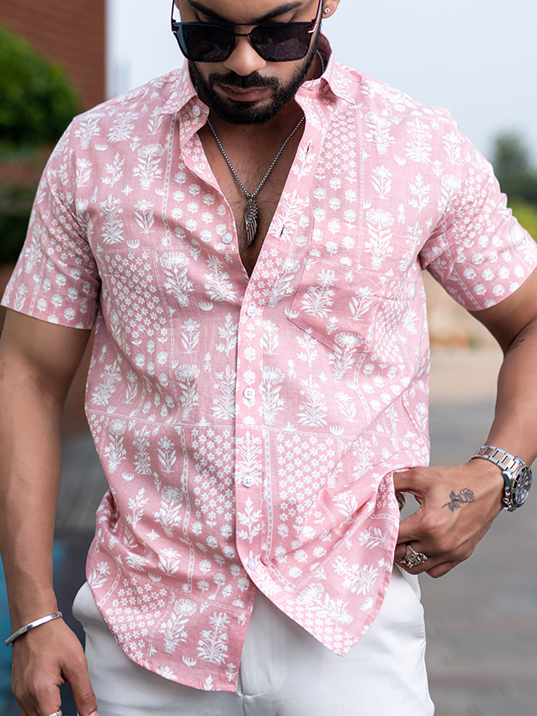 Pink Bandana Floral Printed Half Sleeves Cotton Shirt