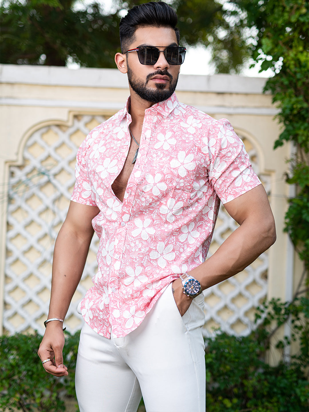 Dusty Rose Chintz Printed Half Sleeves Cotton Shirt