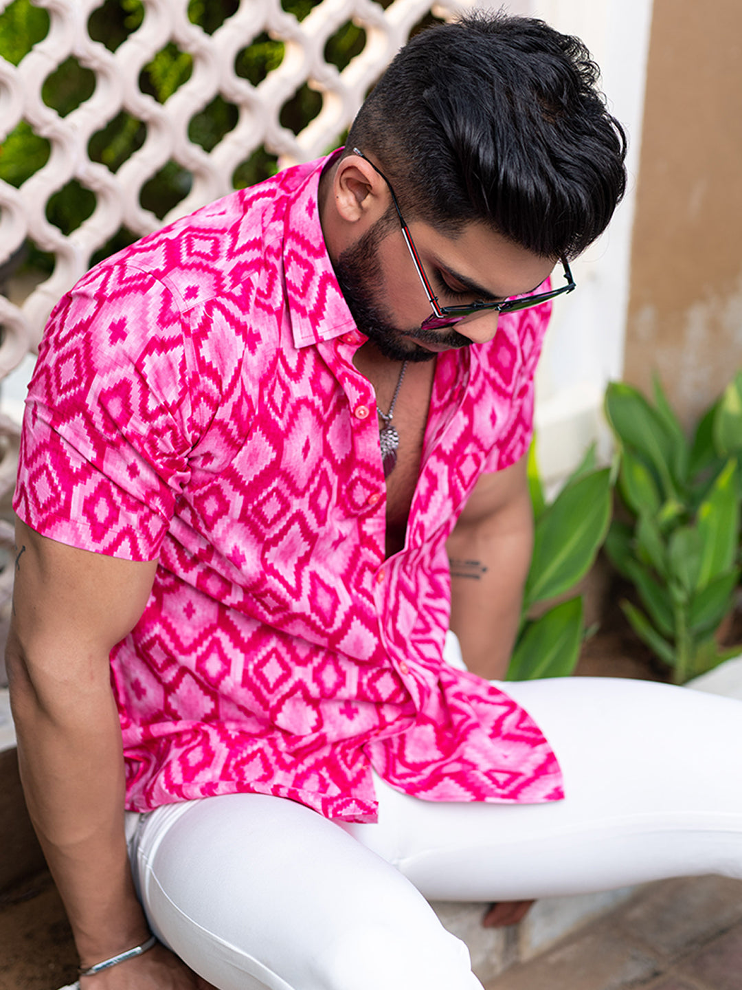 Pink Geometric Abstract Printed Half Sleeves Cotton Shirt