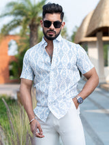 Pale Blue Block Printed Half Sleeves Cotton Shirt