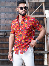 Red Floral Printed Half Sleeves Cotton Shirt