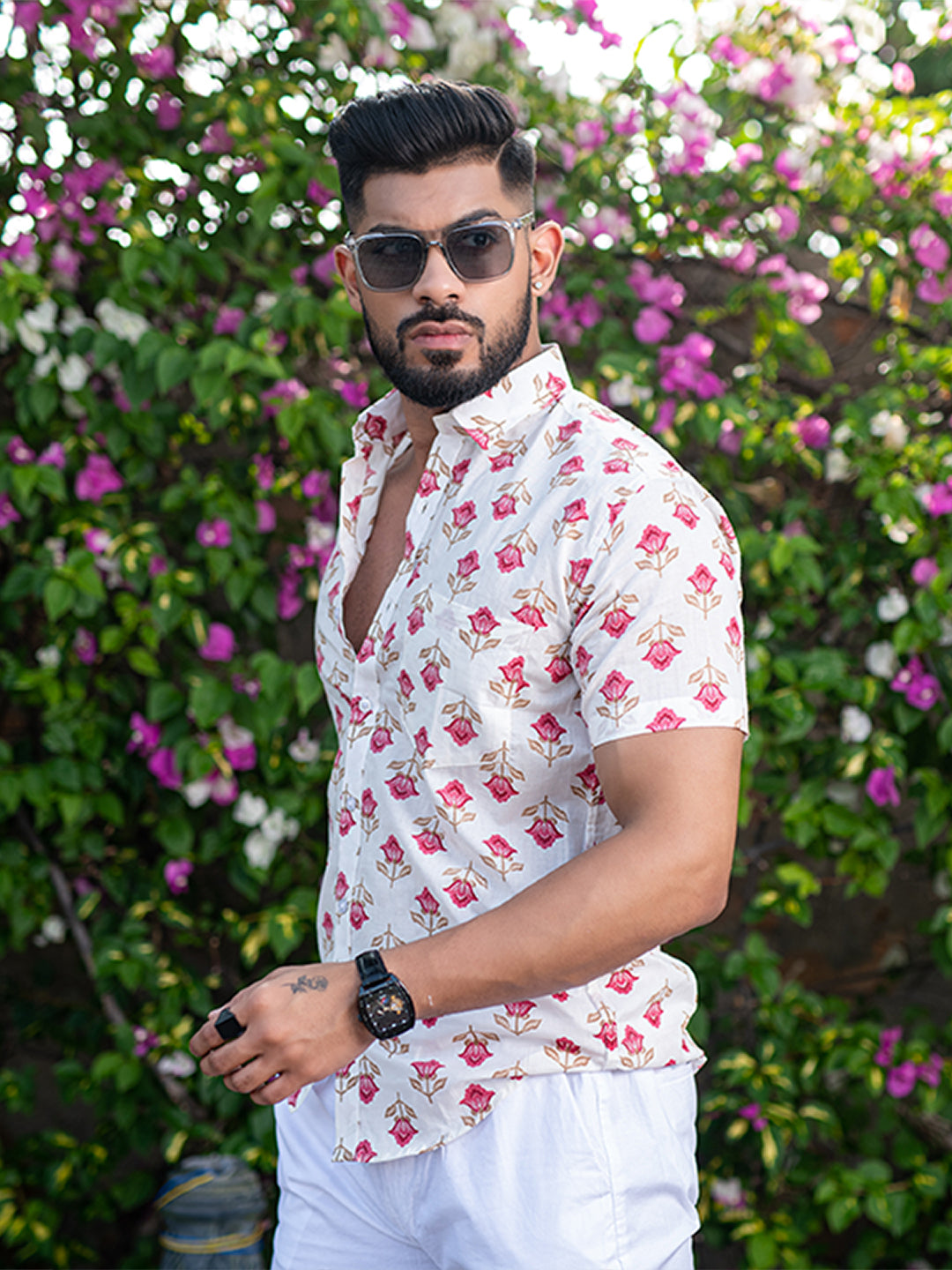 Red Floral Blcok Printed Half Sleeves Cotton Shirt