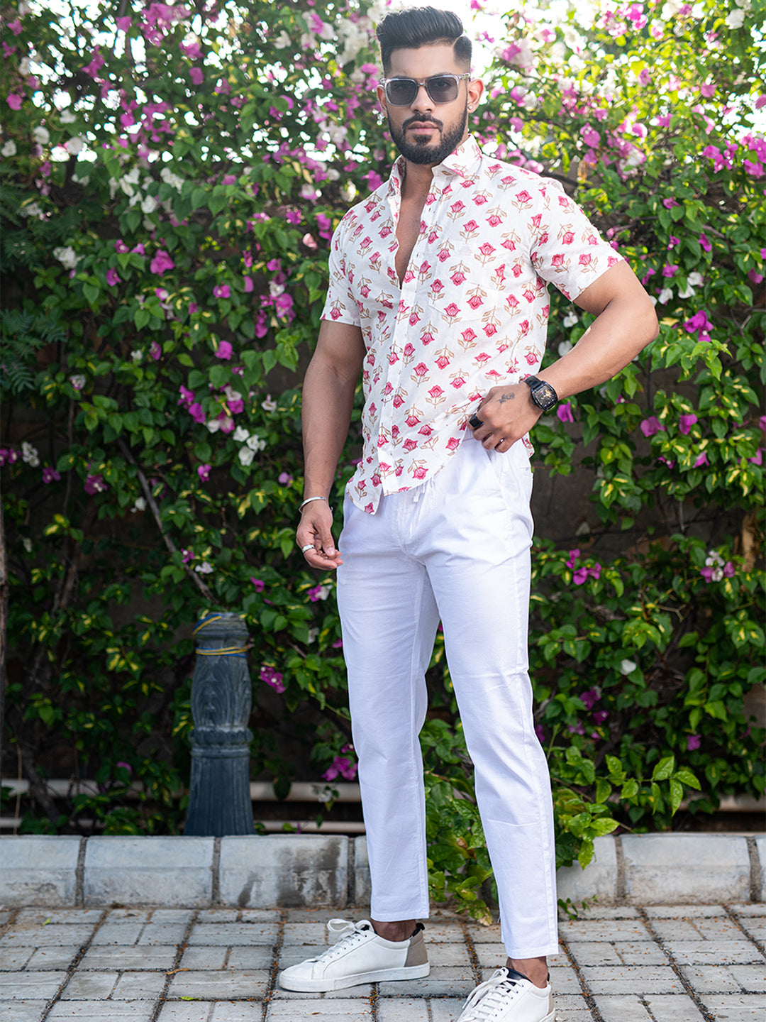 Red Floral Blcok Printed Half Sleeves Cotton Shirt