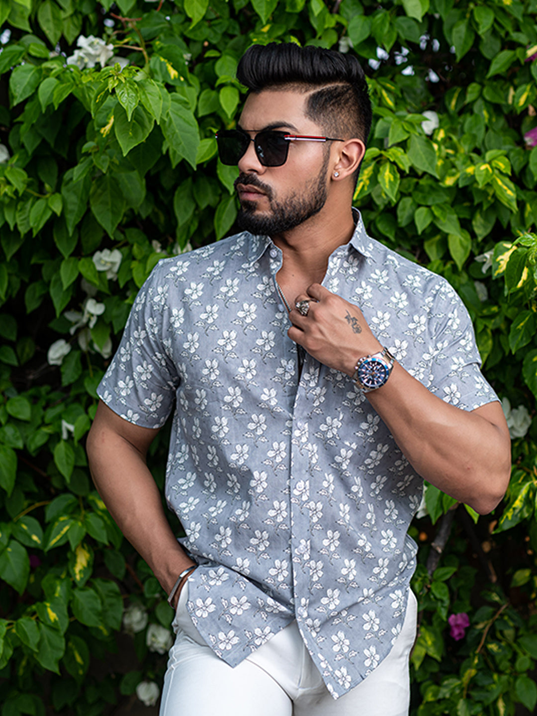 Grey Floral Printed Half Sleeves Cotton Shirt