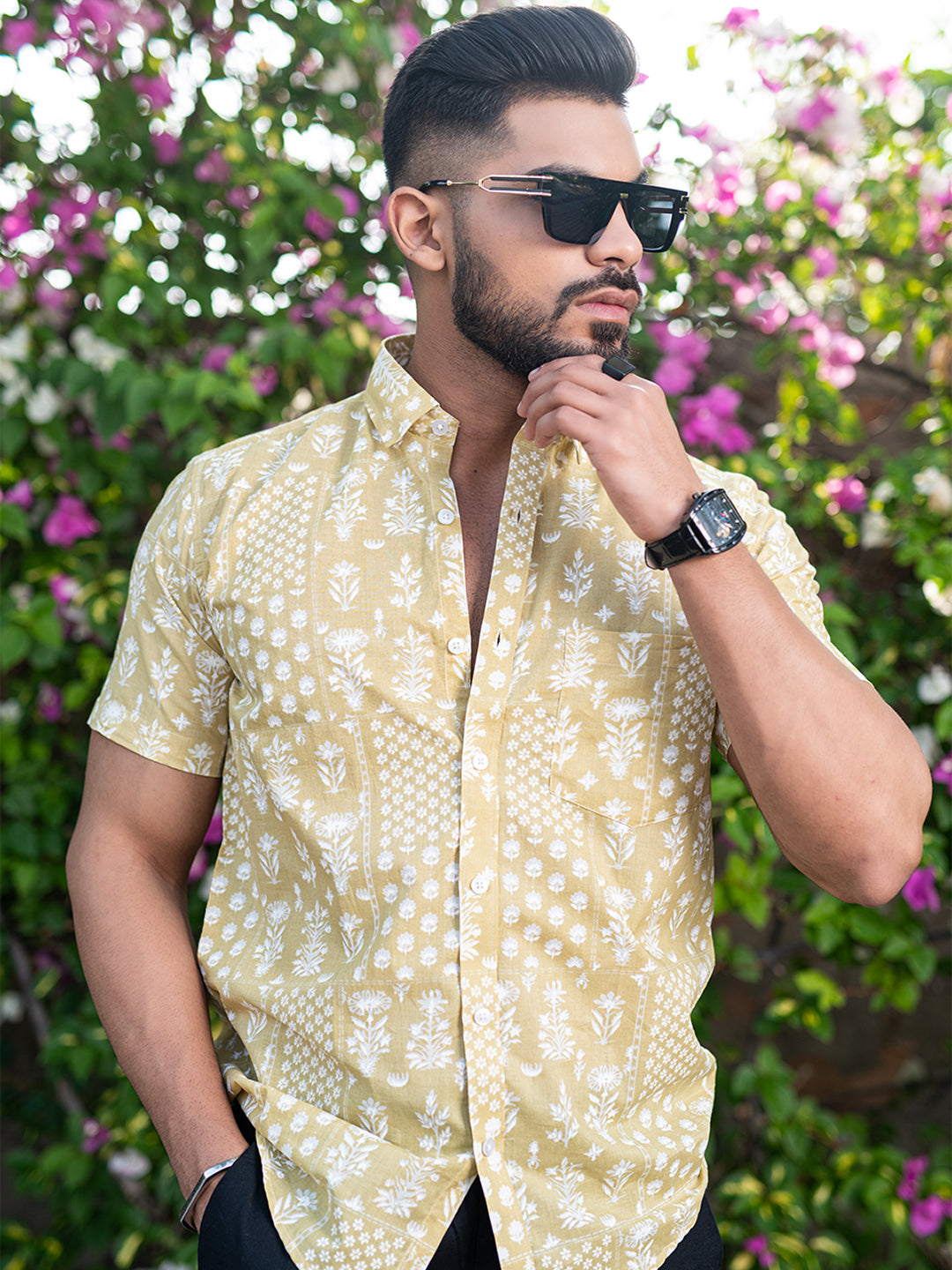 Pastel Yellow Bandana Floral Printed Half Sleeves Cotton Shirt