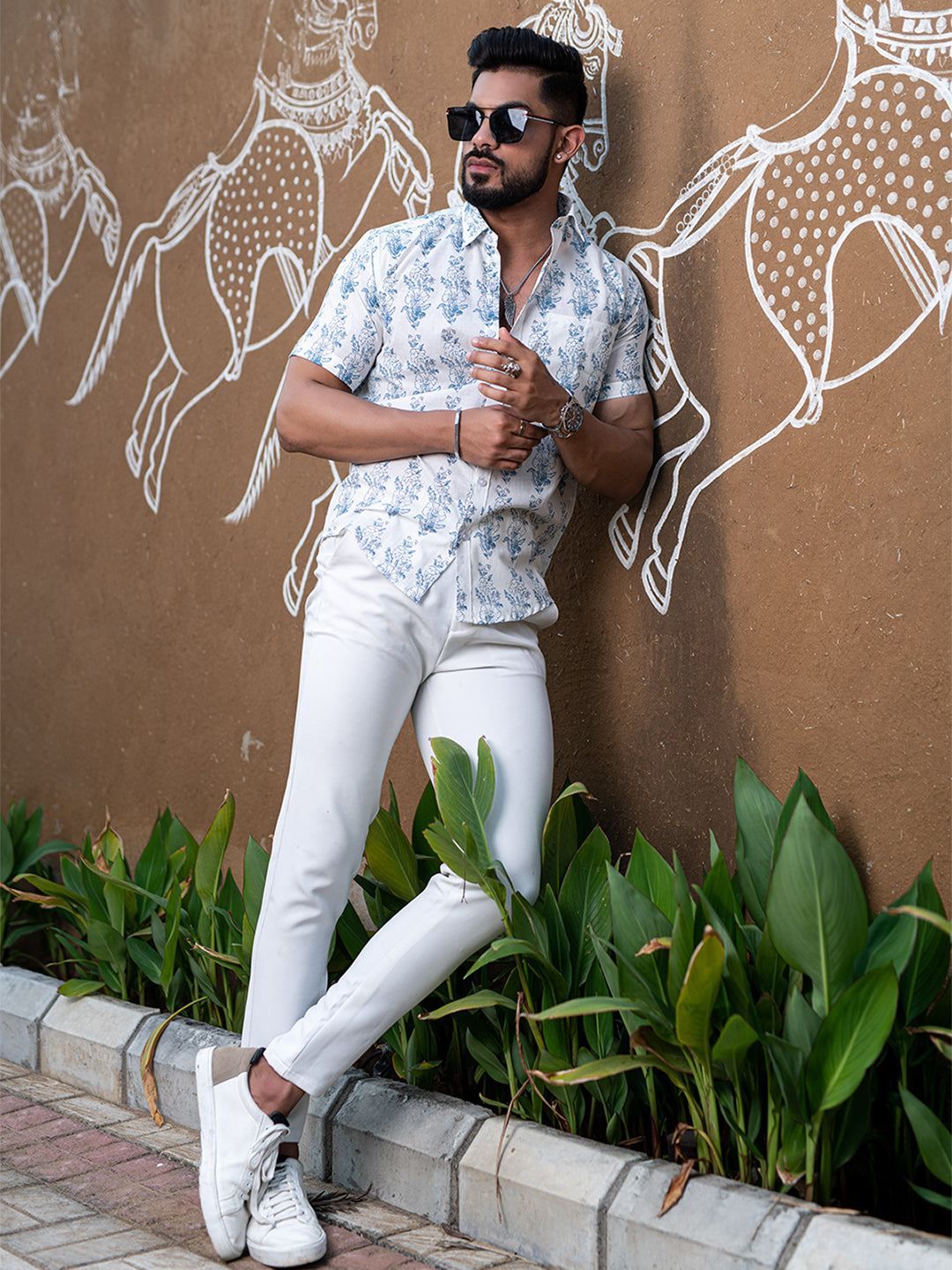 Blue Floral Block Printed Half Sleeves Cotton Shirt