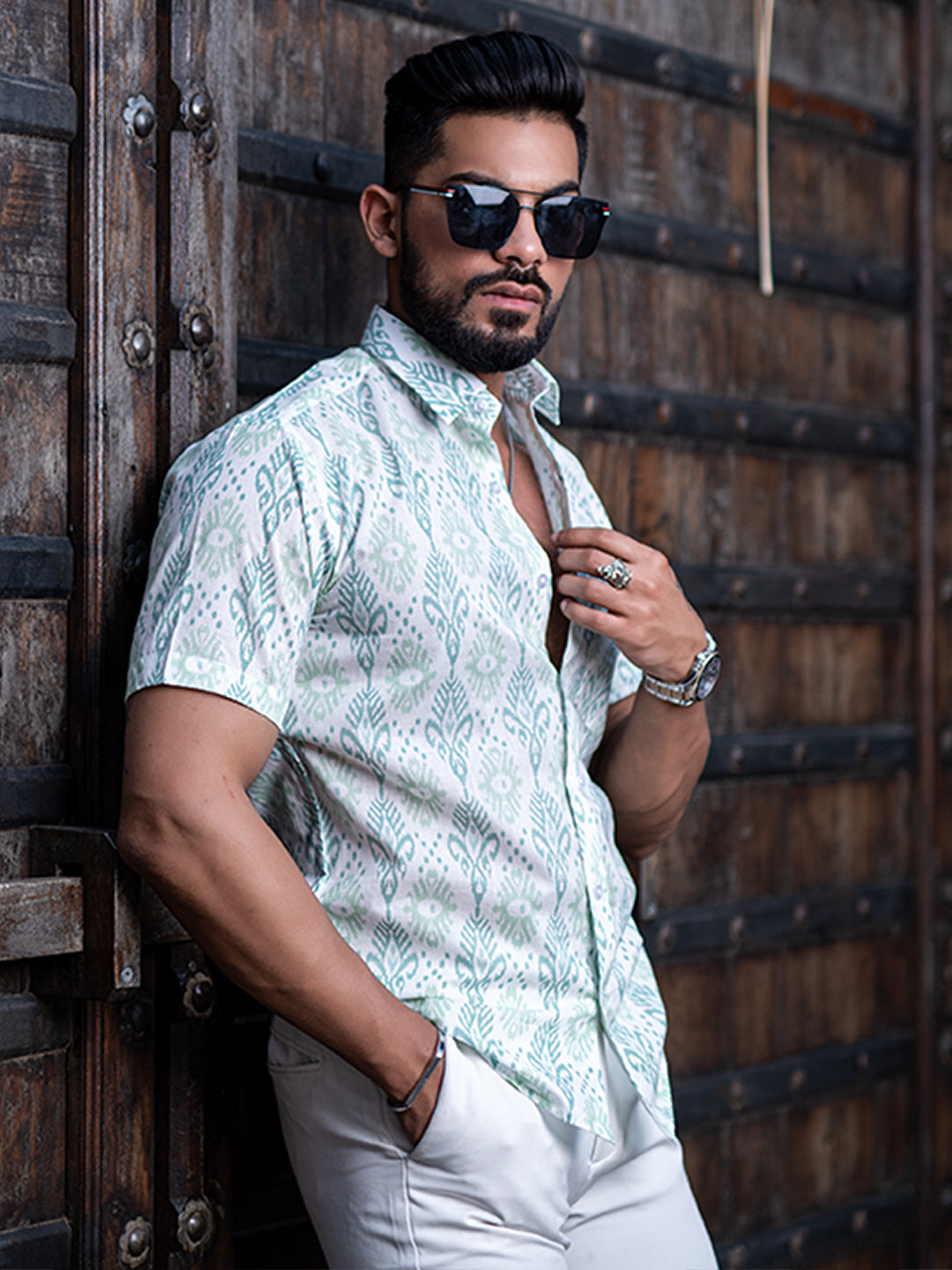 Green Block Printed Half Sleeves Cotton Shirt