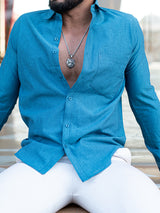 Teal Blue Self  Weaved Full Sleeves Giza Cotton Shirt