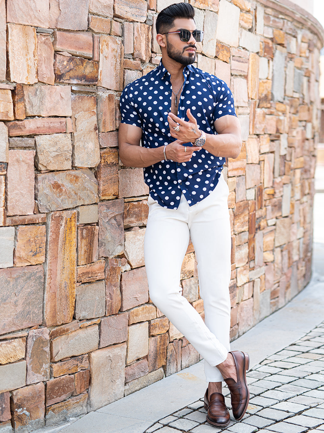 Blue Half Sleeves Polka Dots Crepe Printed Shirt