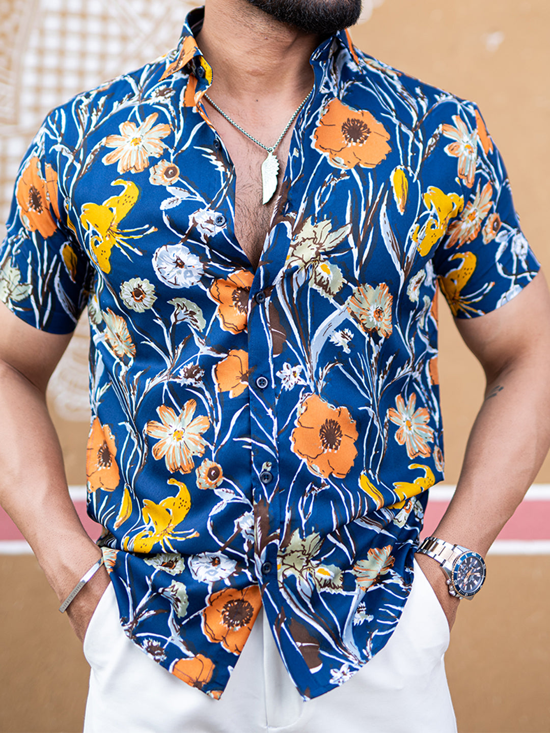 Blue Floral Printed Half Sleeves Crepe Shirt