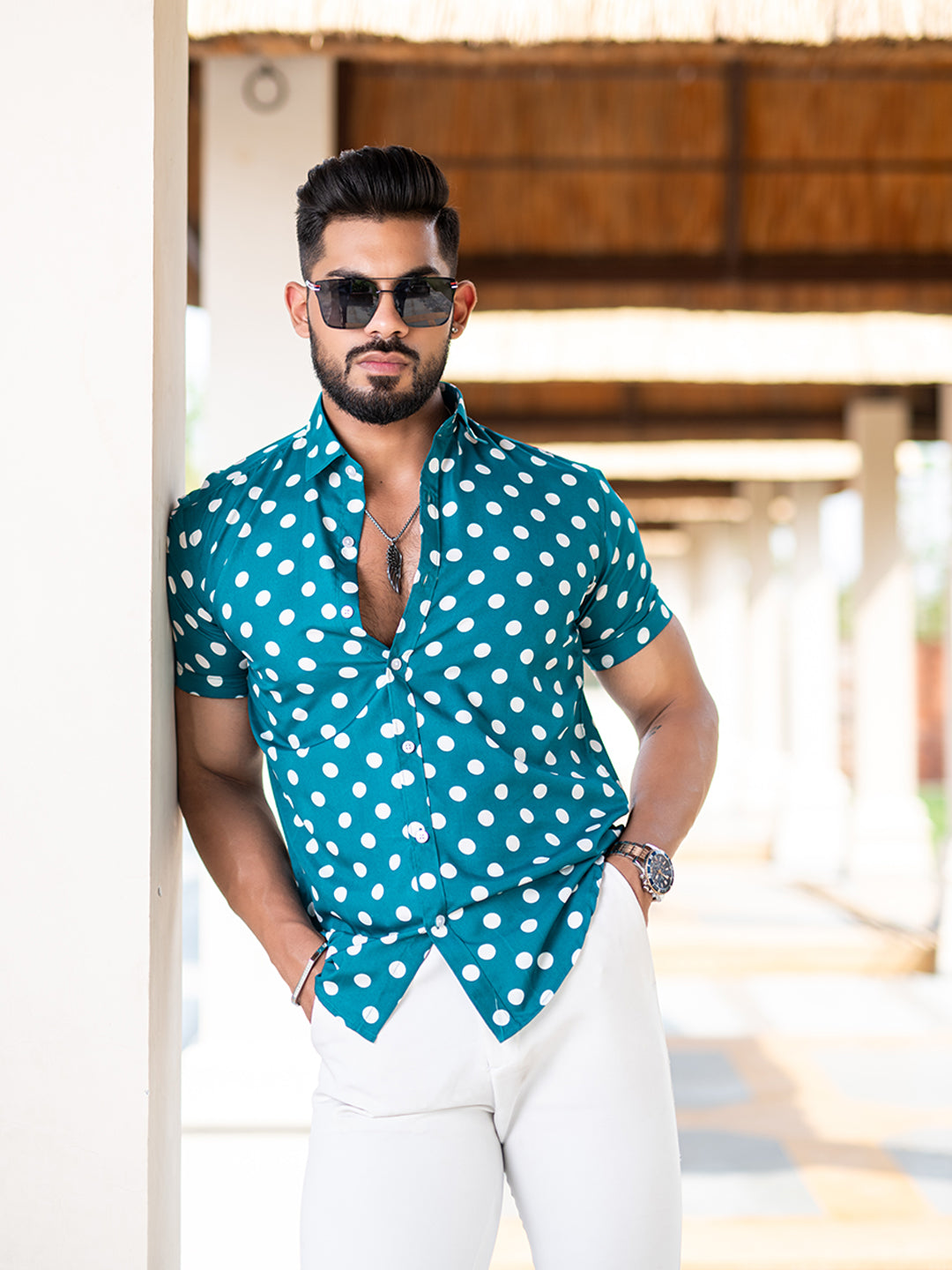 Sea Green Polka Dots Half Sleeves Crepe Printed Shirt