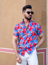 Red Tropical Leaf Printed Half Sleeves Crepe Shirt