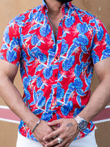 Red Tropical Leaf Printed Half Sleeves Crepe Shirt