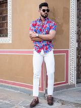 Red Tropical Leaf Printed Half Sleeves Crepe Shirt