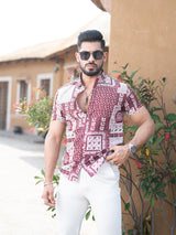 Maroon Bandana Floral Printed Half Sleeves Crepe Shirt