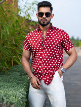 Red Polka Dots Half Sleeves Crepe Printed Shirt