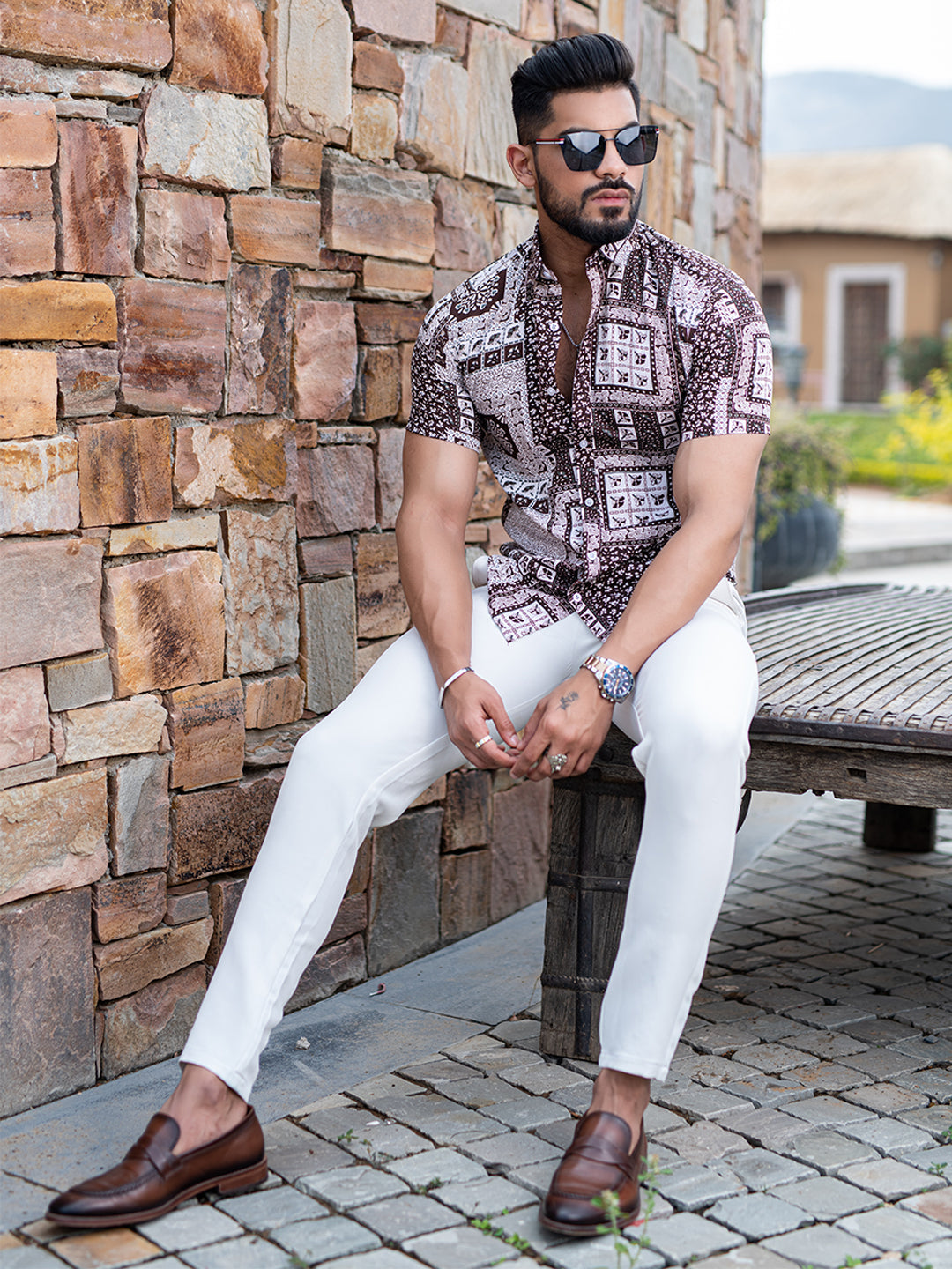 Brown Bandana Floral Half Sleeves Crepe Printed Shirt