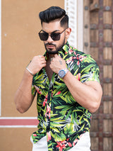 Black and Green Tropical Floral Printed Half Sleeves Crepe Shirt