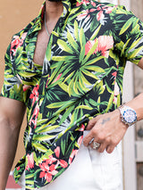 Black and Green Tropical Floral Printed Half Sleeves Crepe Shirt