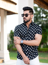 Black Polka Dots Half Sleeves Crepe Printed Shirt