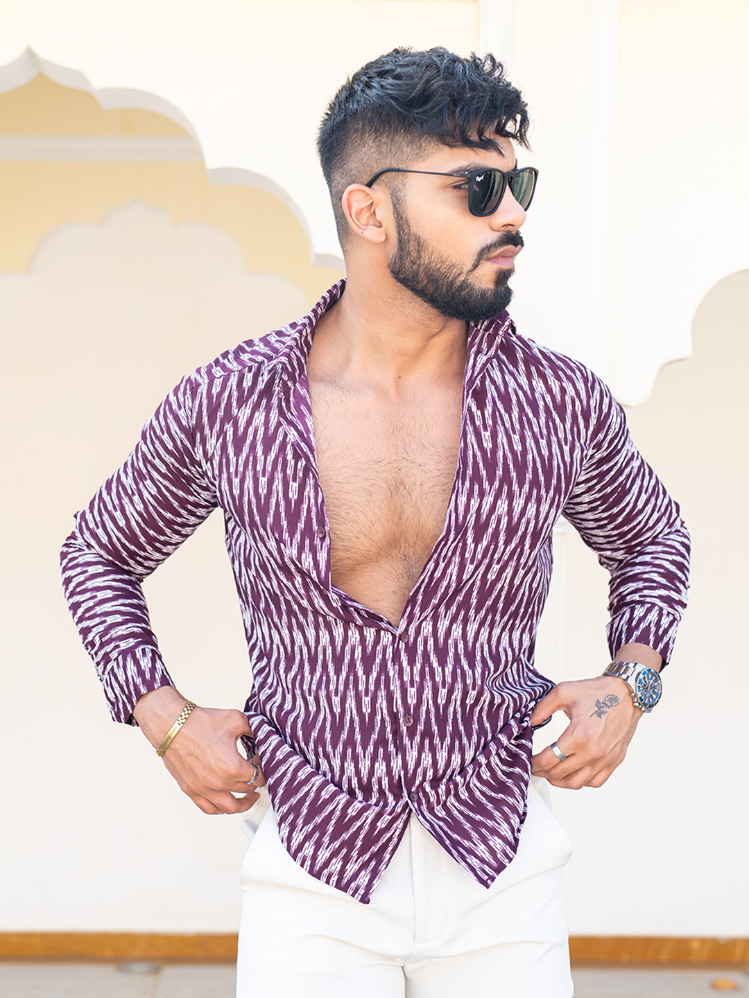 Crepe Purple Full Sleeves Chevron Print Shirt