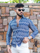 Blue Chevron Full Sleeves Crepe Printed Shirt