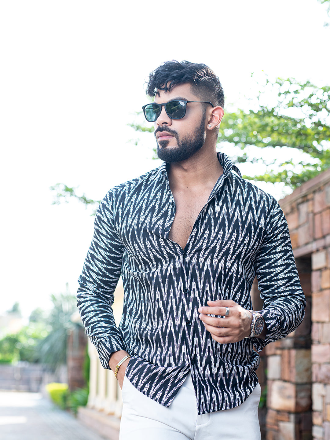 Black Chevron Full Sleeves Crepe Printed Shirt