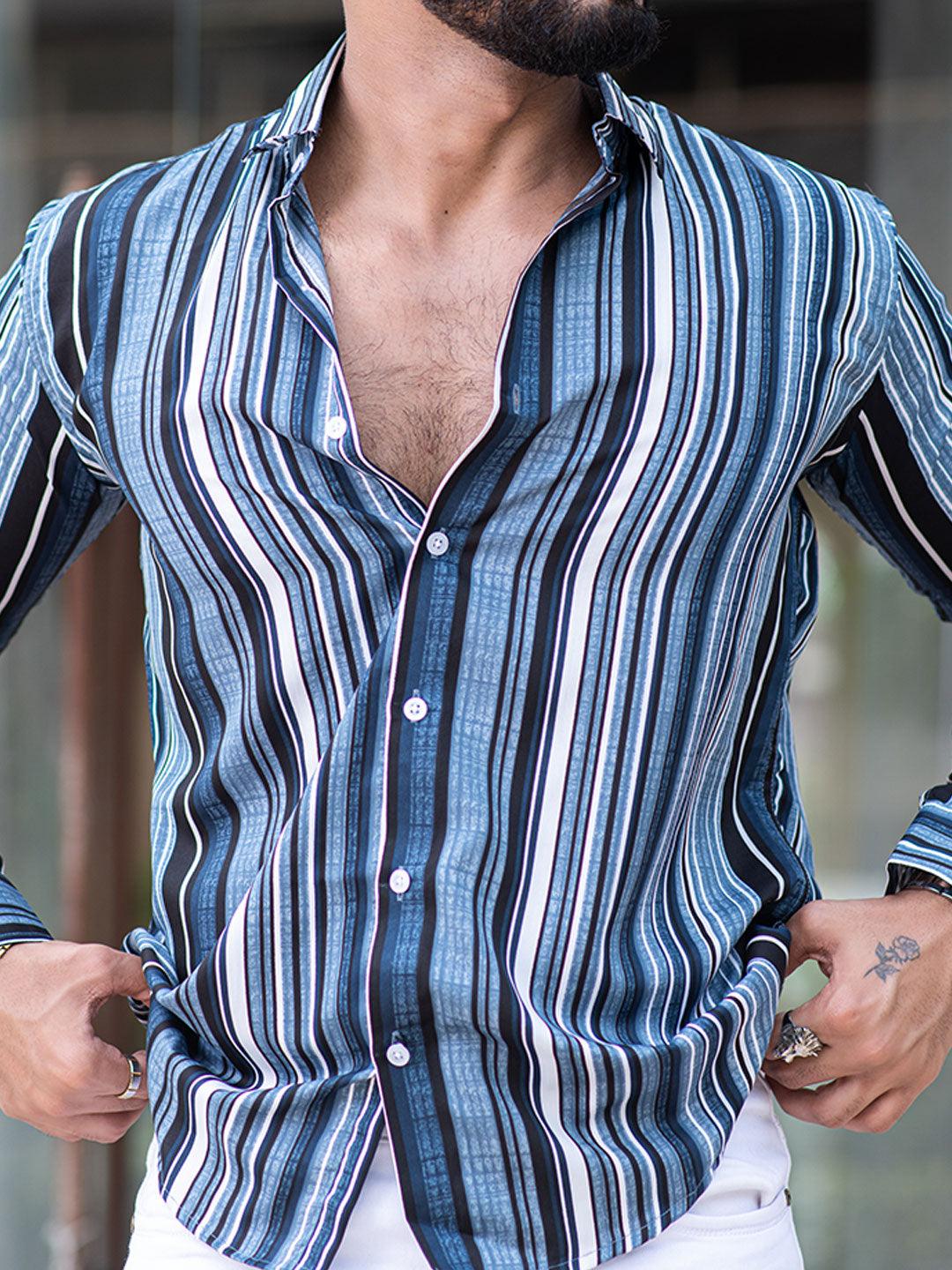 Blue Striped Full Sleeves Crepe Shirt