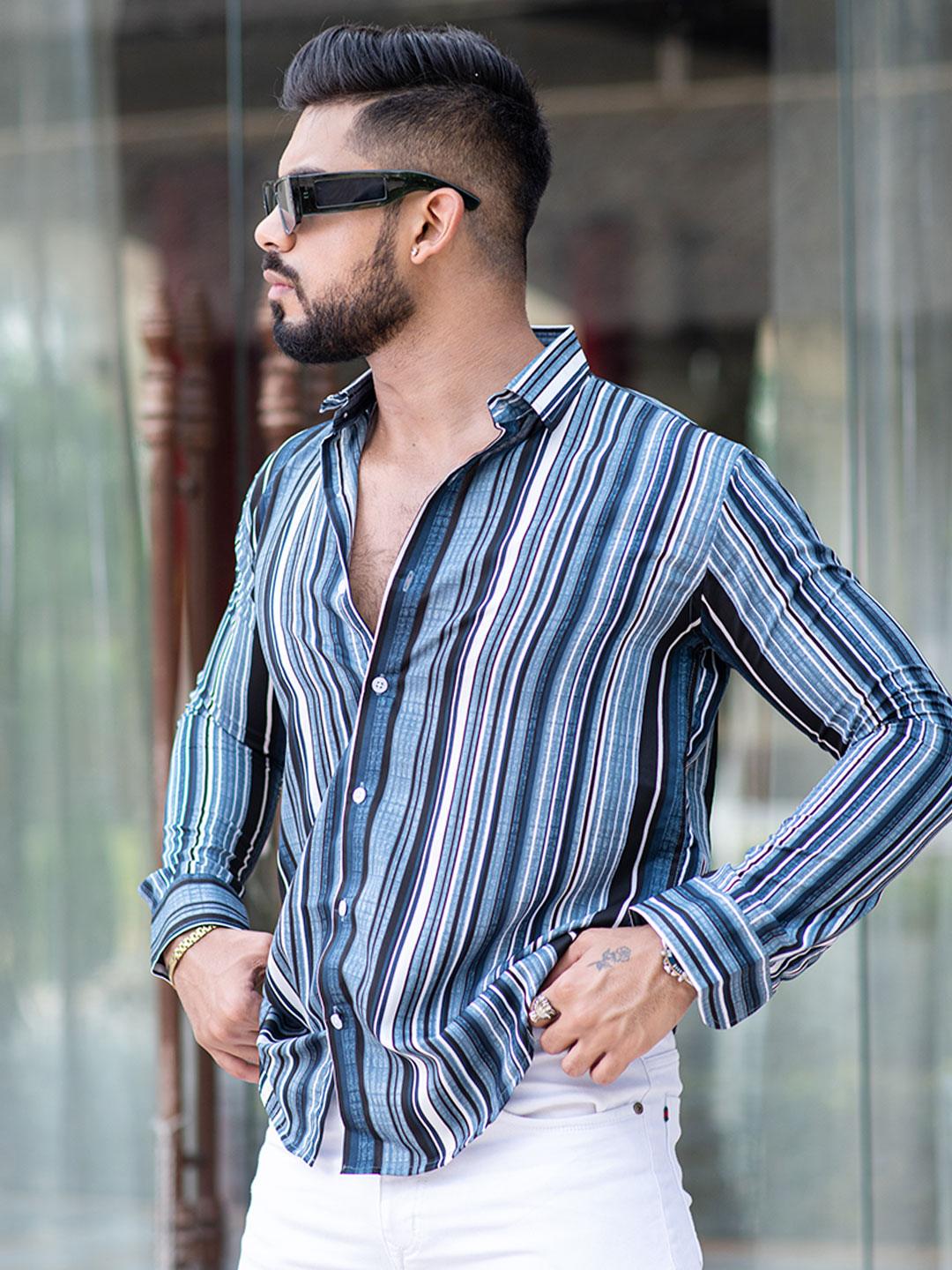 Blue Striped Full Sleeves Crepe Shirt