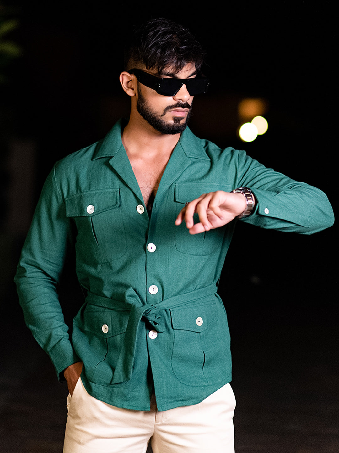 Green 4 Pockets With Belt Full Sleeves Linen Shirt