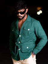 Green 4 Pockets With Belt Full Sleeves Linen Shirt