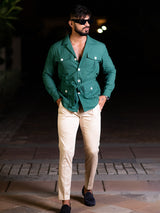 Green 4 Pockets With Belt Full Sleeves Linen Shirt