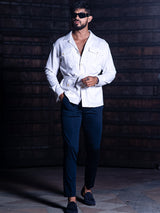 White 4 Pockets With Belt Full Sleeves Linen Shirt