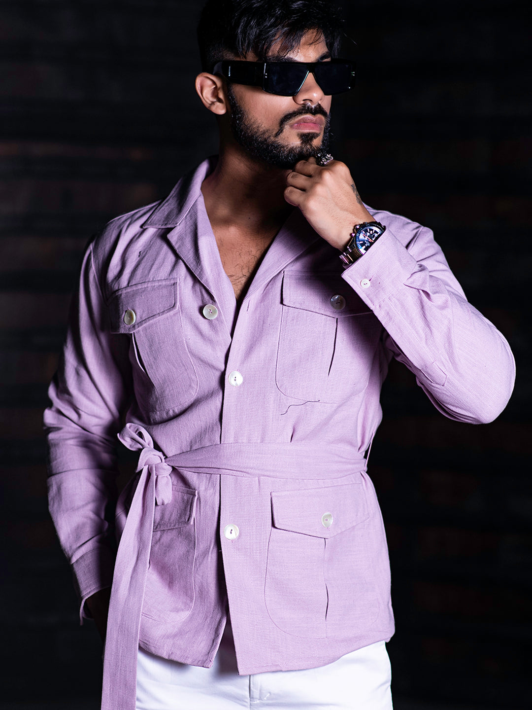 Lilac 4 Pockets With Belt Full Sleeves Linen Shirt