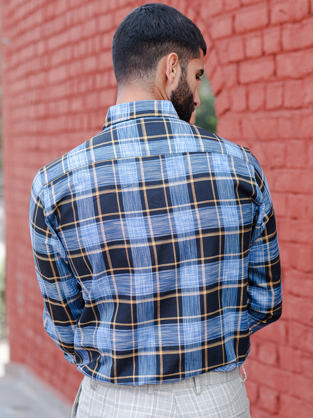 blue check shirt