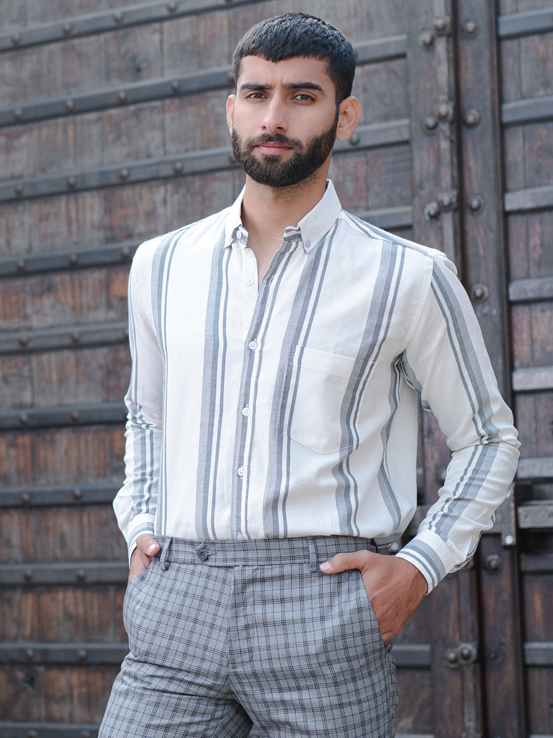 White Striped Full Sleeves Giza Cotton Shirt