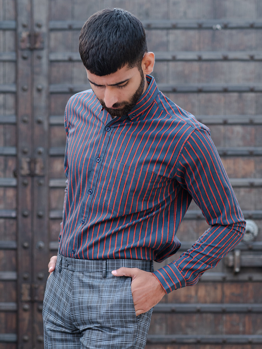 Red Striped Full Sleeves Giza Cotton Shirt