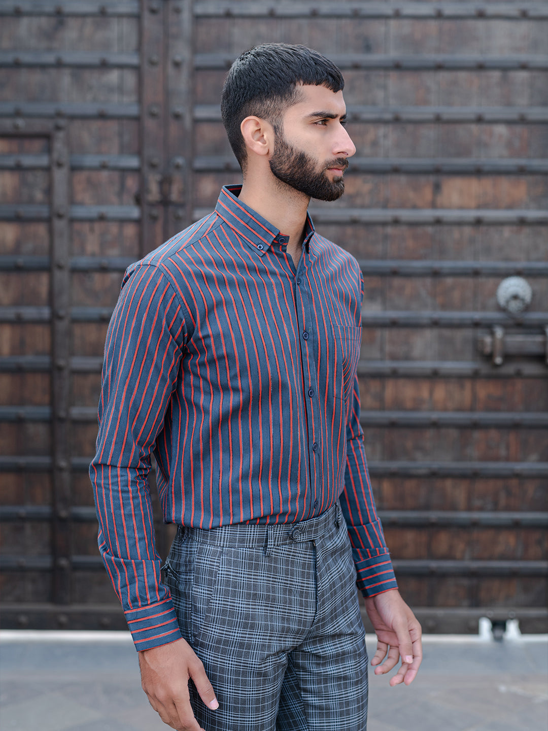 Red Striped Full Sleeves Giza Cotton Shirt