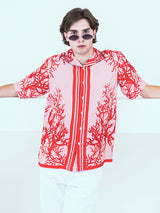 Red Branches Printed Oversized Peach Crepe Shirt