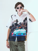 Sunset Lake Side View Graphic Printed Oversized White Crepe Shirt