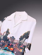 Sunset Lake Side View Graphic Printed Oversized White Crepe Shirt