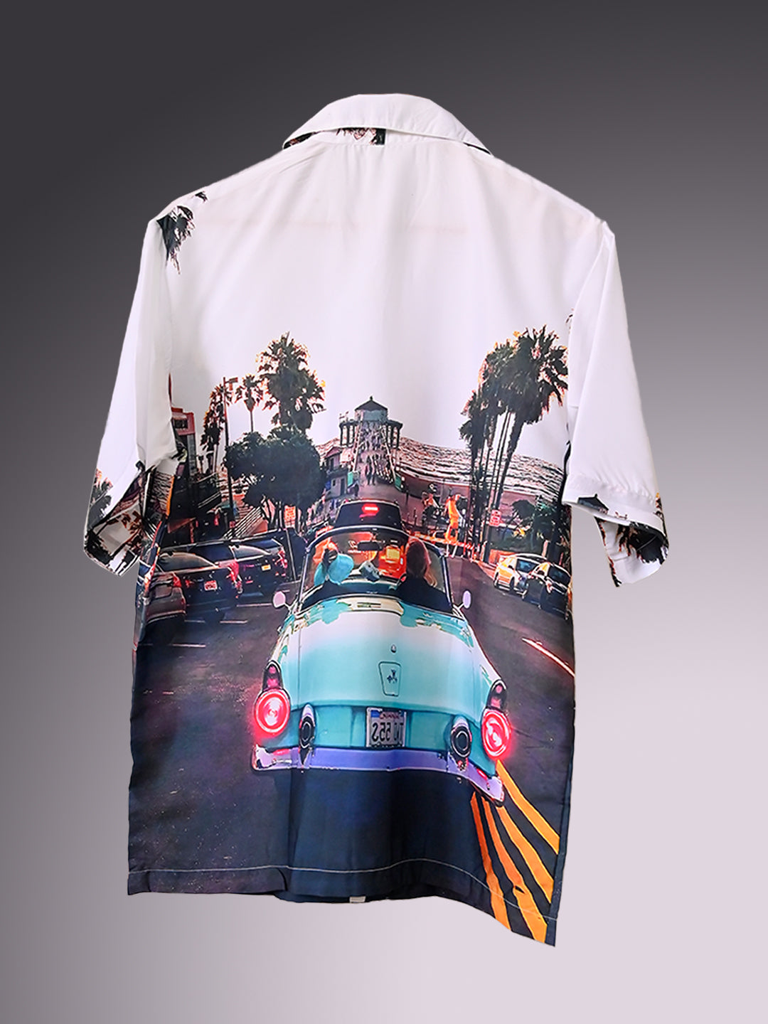 Sunset Lake Side View Graphic Printed Oversized White Crepe Shirt