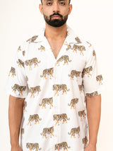 White Tiger Printed Oversized Half Sleeves Crepe Shirt