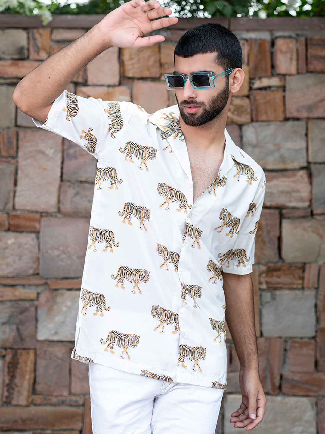 white tiger print shirt