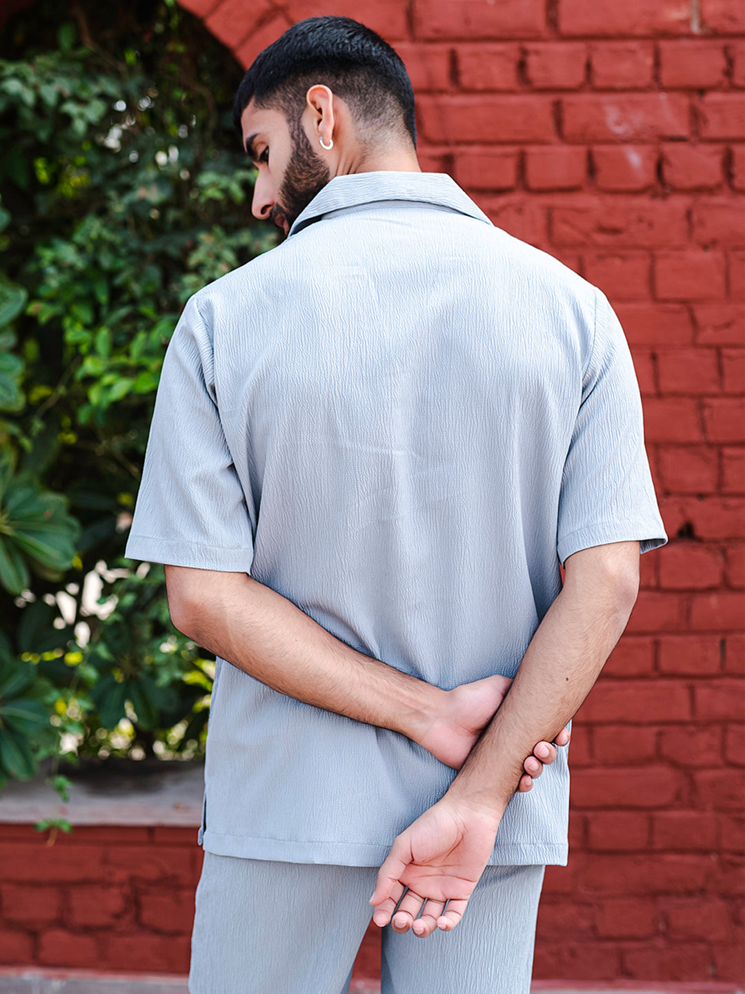 Gray Oversized Popcorn Texture Half Sleeves Shirt