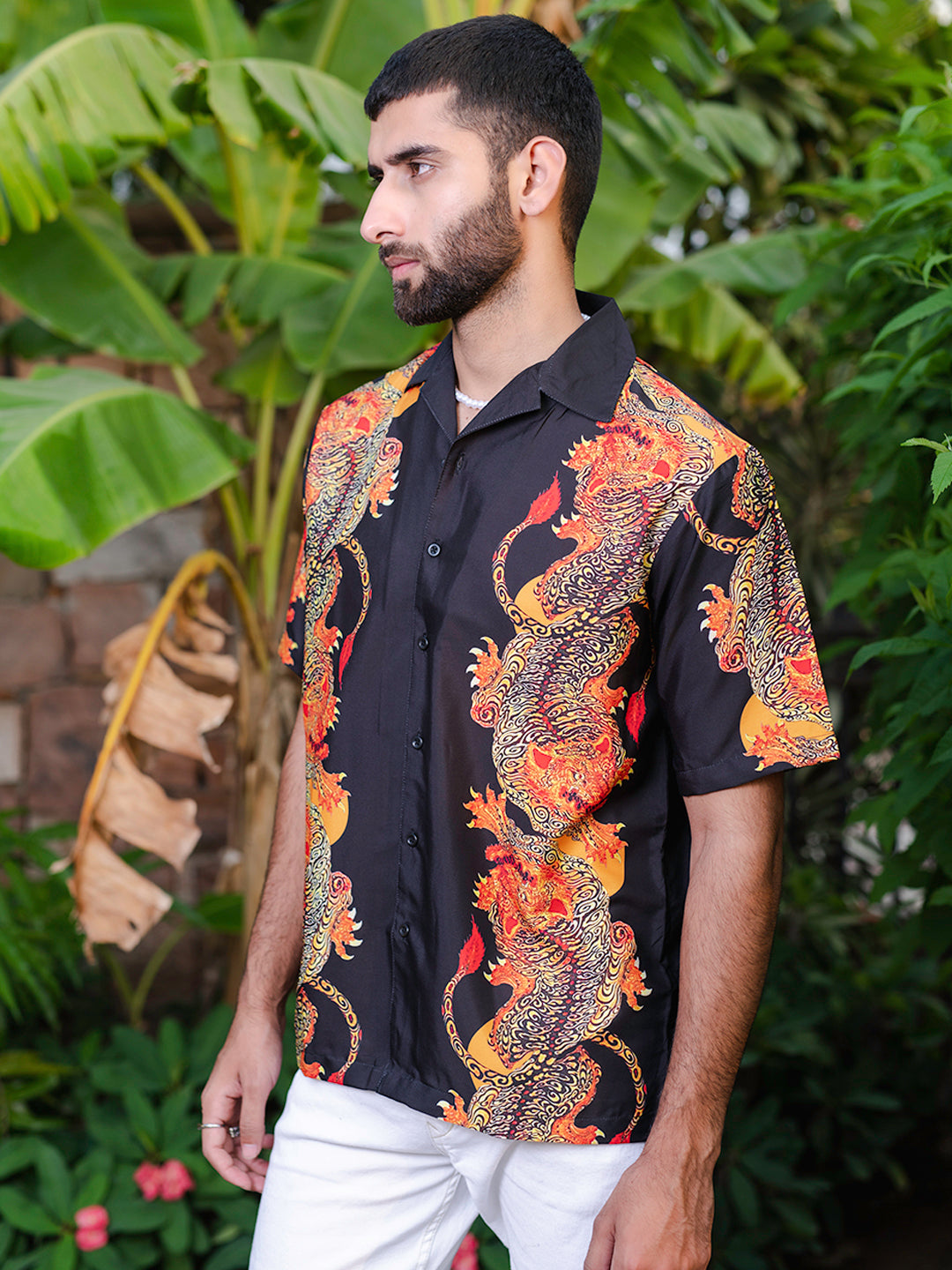 Dragon Printed Oversized Black Crepe Shirt