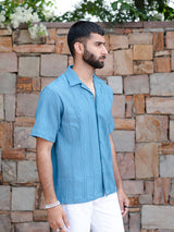 Teal Blue Oversized Striped Popcorn Texture Half Sleeves Shirt